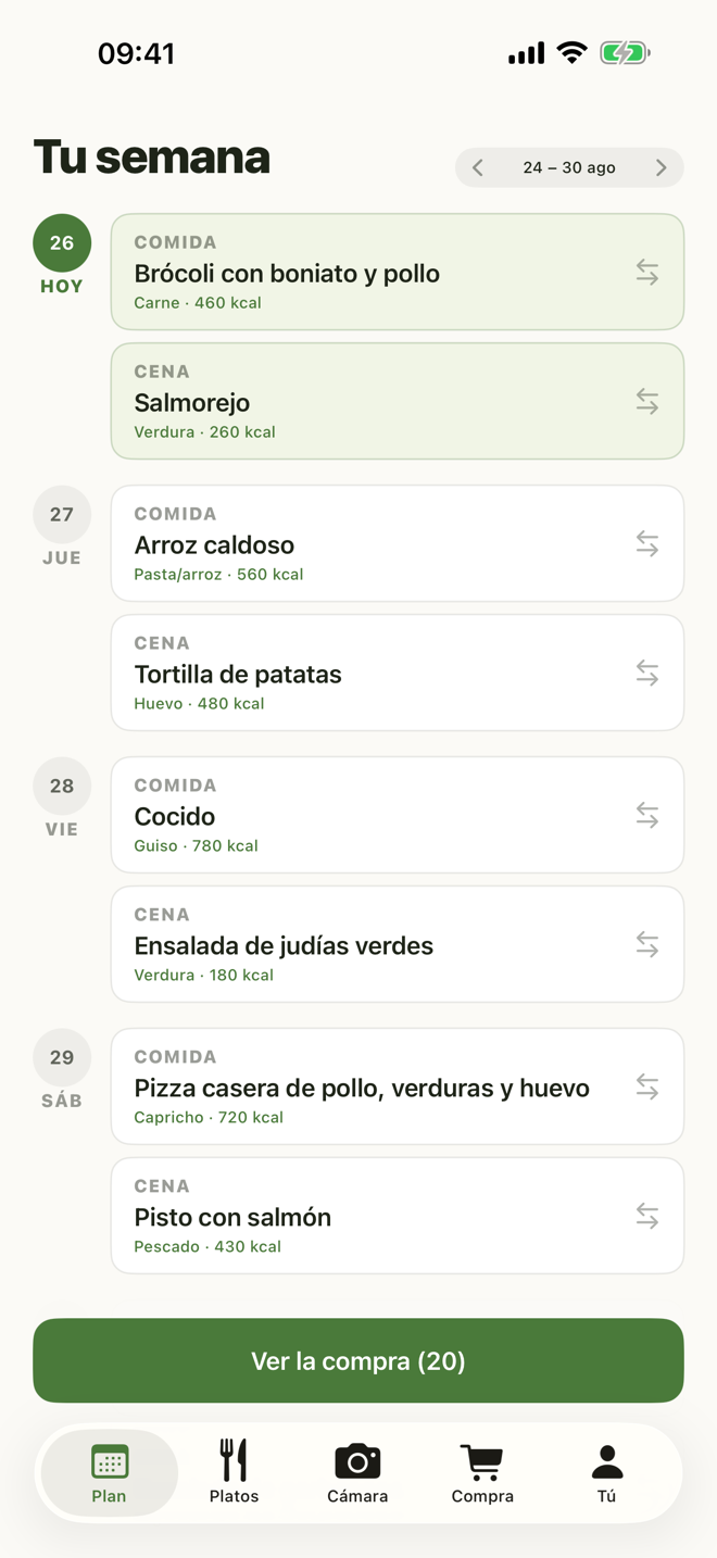 The cocínala plan screen: the week from Monday to Sunday with lunch and dinner for each day.