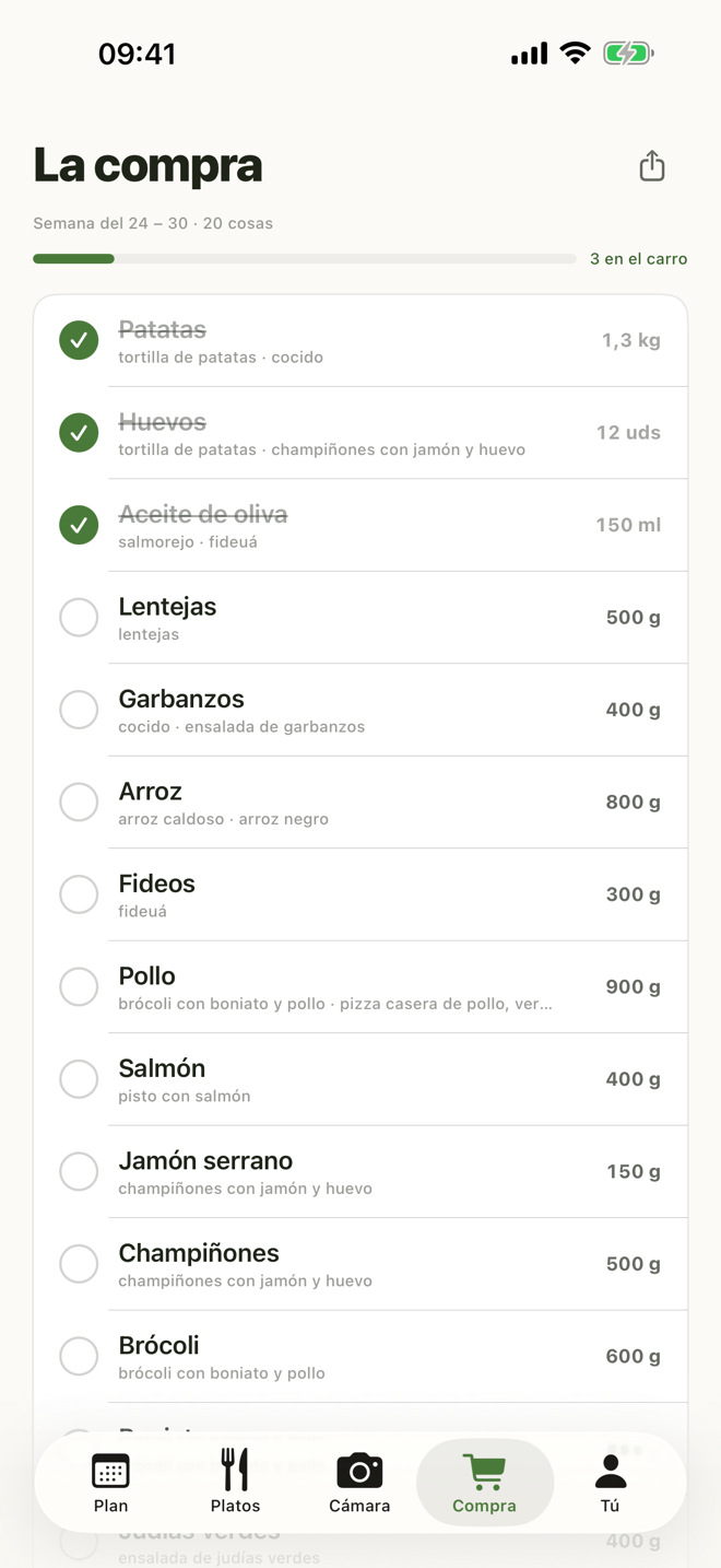 The cocínala shopping list, with three items already ticked off as bought.